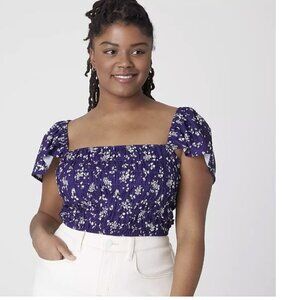 💎Lane Bryant Fitted Crop Smocked-Bodice Ruffle Blue Floral Tank Top
